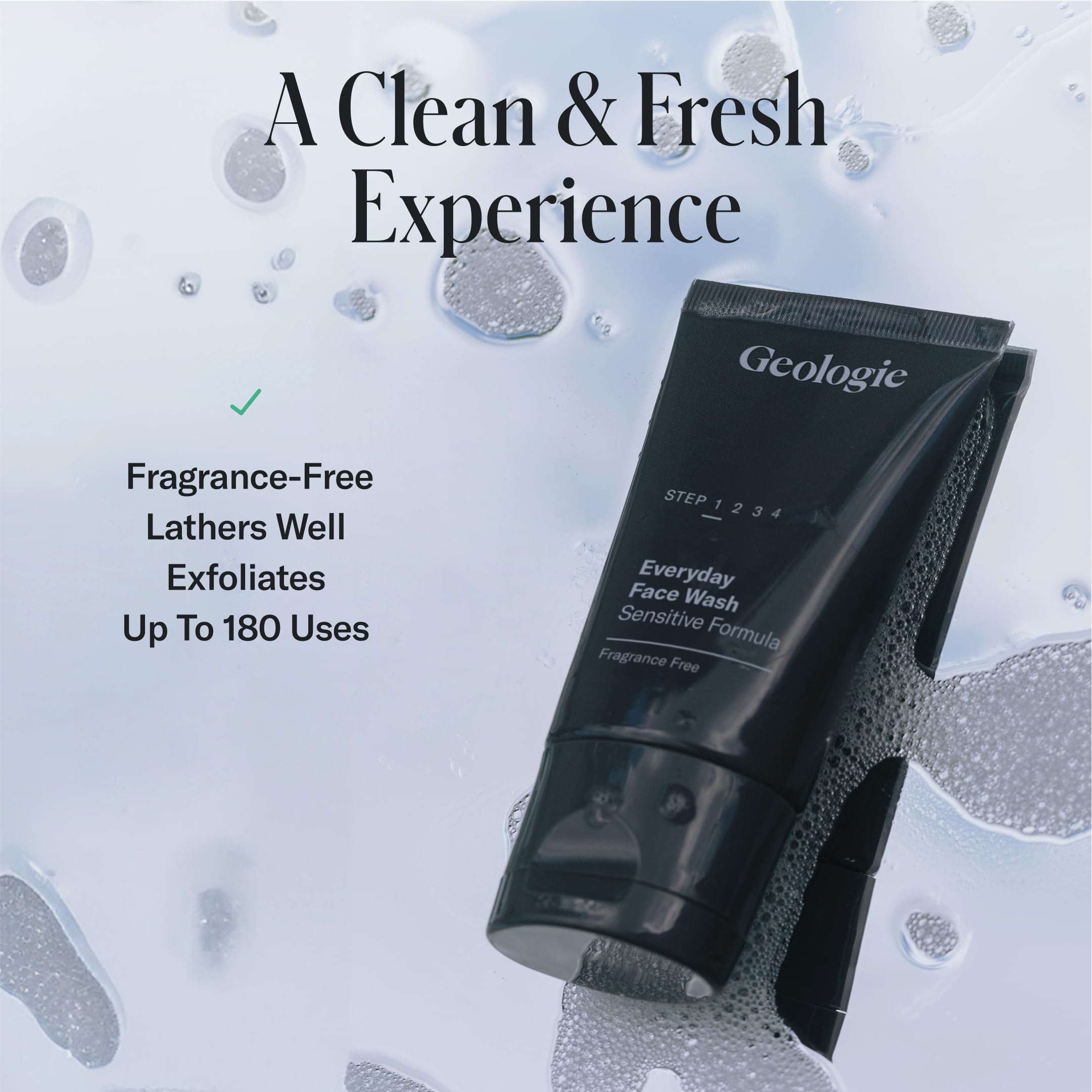 Geologie Daily Face Wash routine setup on bathroom shelf emphasizing twice-daily use.
