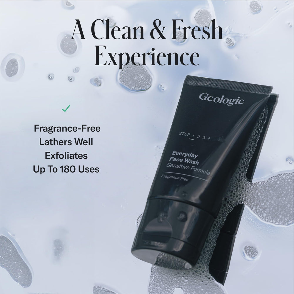 Geologie Daily Face Wash routine setup on bathroom shelf emphasizing twice-daily use.