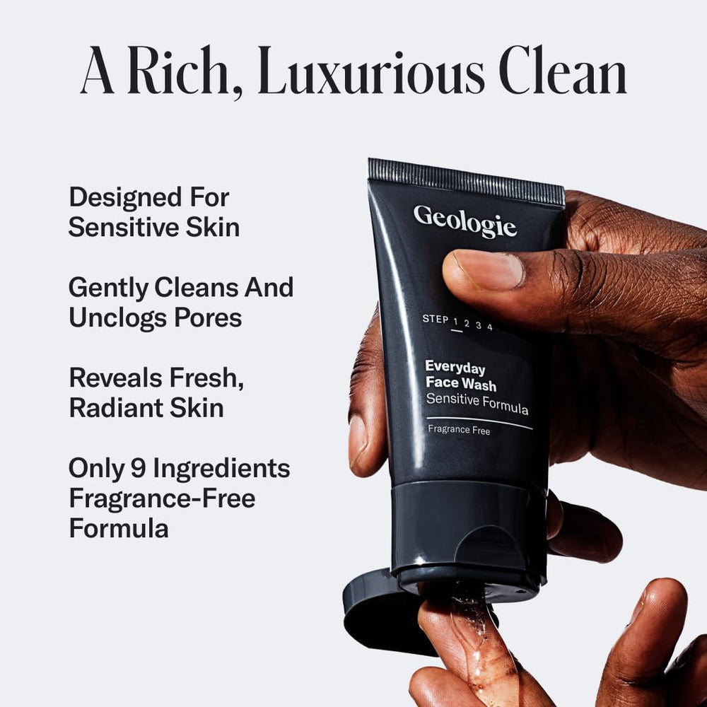 Geologie Daily Face Wash fragrance-free application—daily sensitive-skin routine in action.