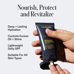 Geologie moisturizing face cream SPF15 applied on skin for lasting hydration.