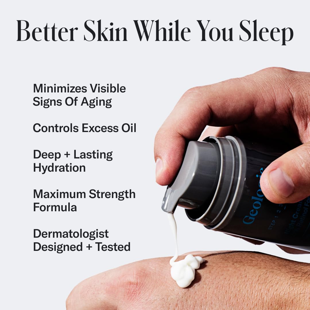 Geologie retinol night cream beside nightstand supporting overnight renewal.
