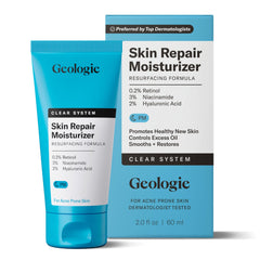 Geologie Skin Repair Moisturizer bottle on bathroom counter for nightly blemish-friendly skin support.