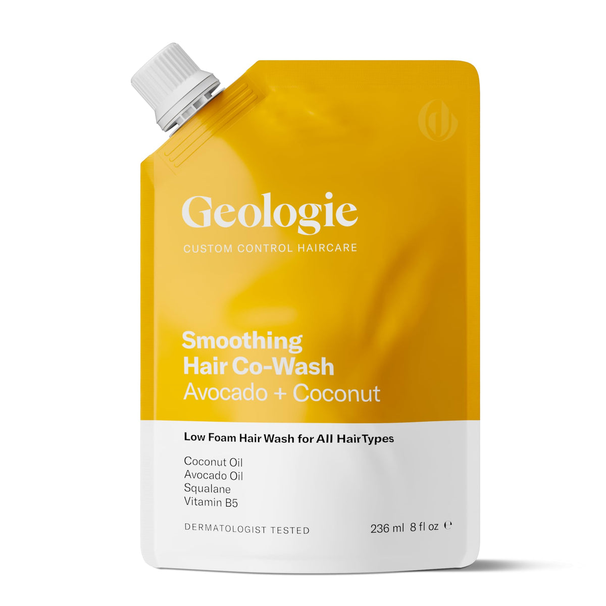 Geologie smoothing hair co-wash bottle front for cleansing and conditioning.