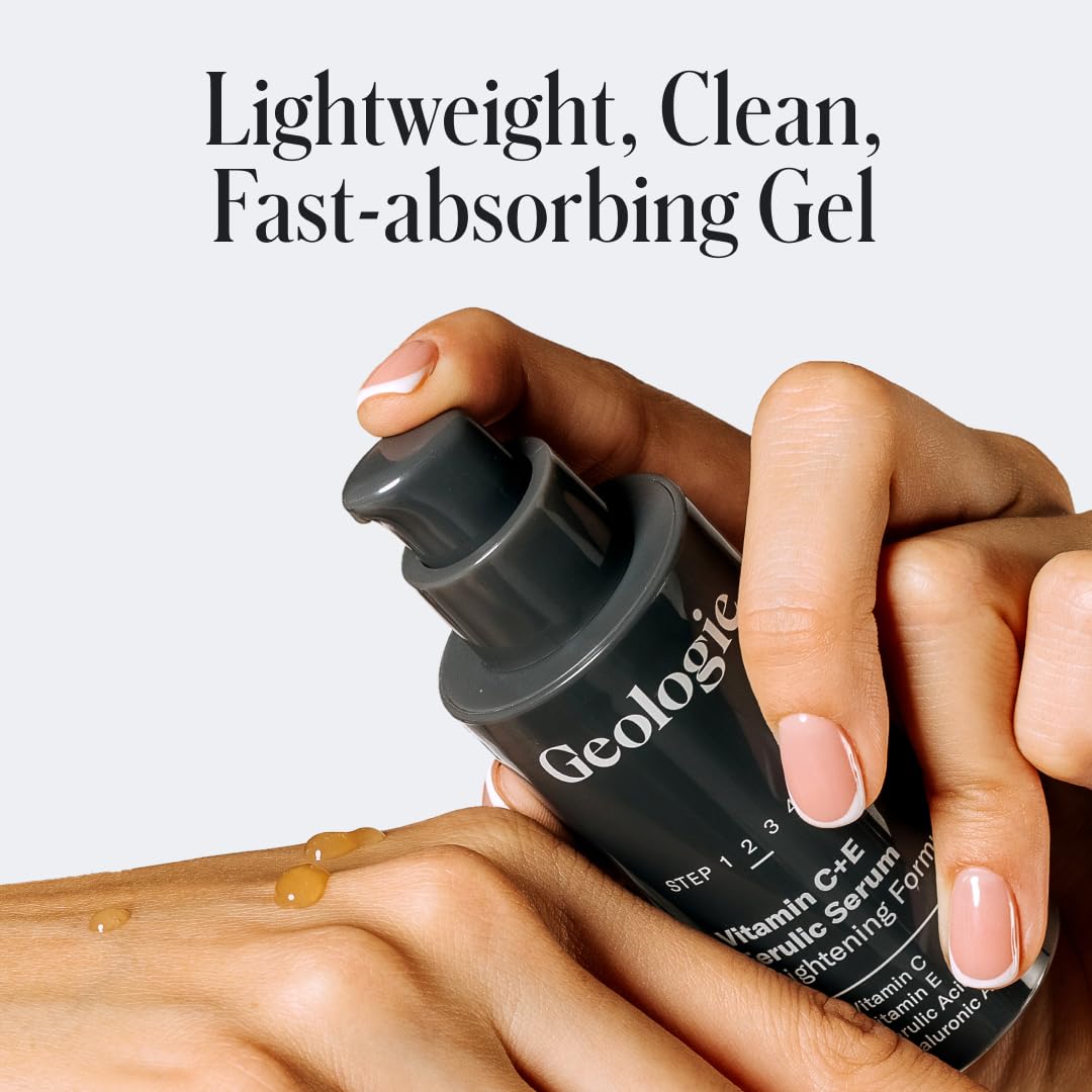 Geologie Vitamin C+E Ferulic Serum illuminated face closeup shows glow and even tone