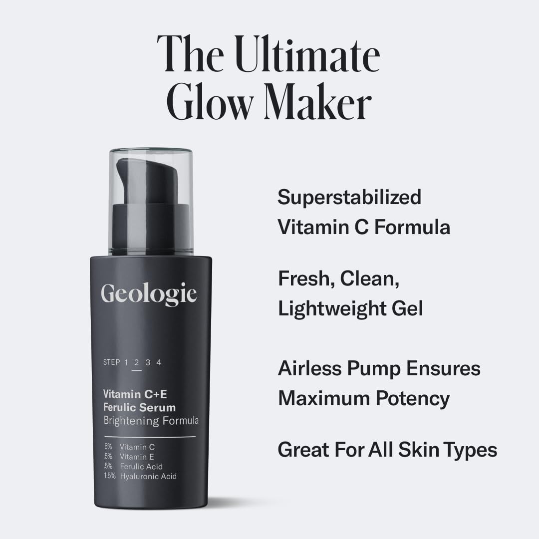 Geologie Vitamin C+E Ferulic Serum pump dispenser enables precise daily application for radiance