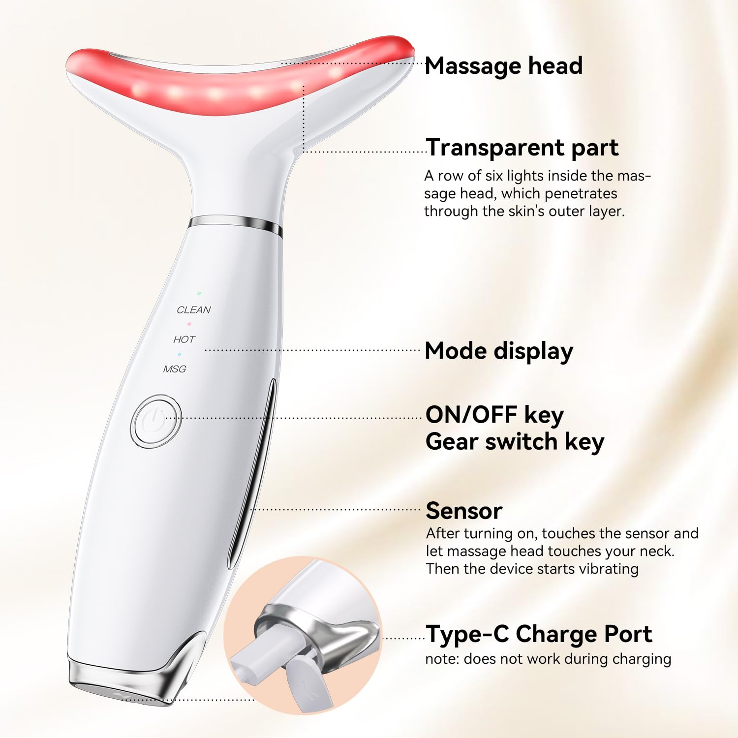 Gequip face massager curved head fits jawline and neck well.