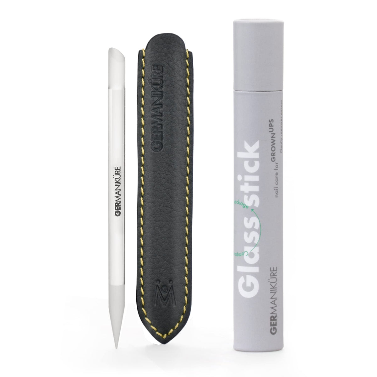 GERMANIKURE clear glass cuticle stick with leather sleeve for precise cuticle work.