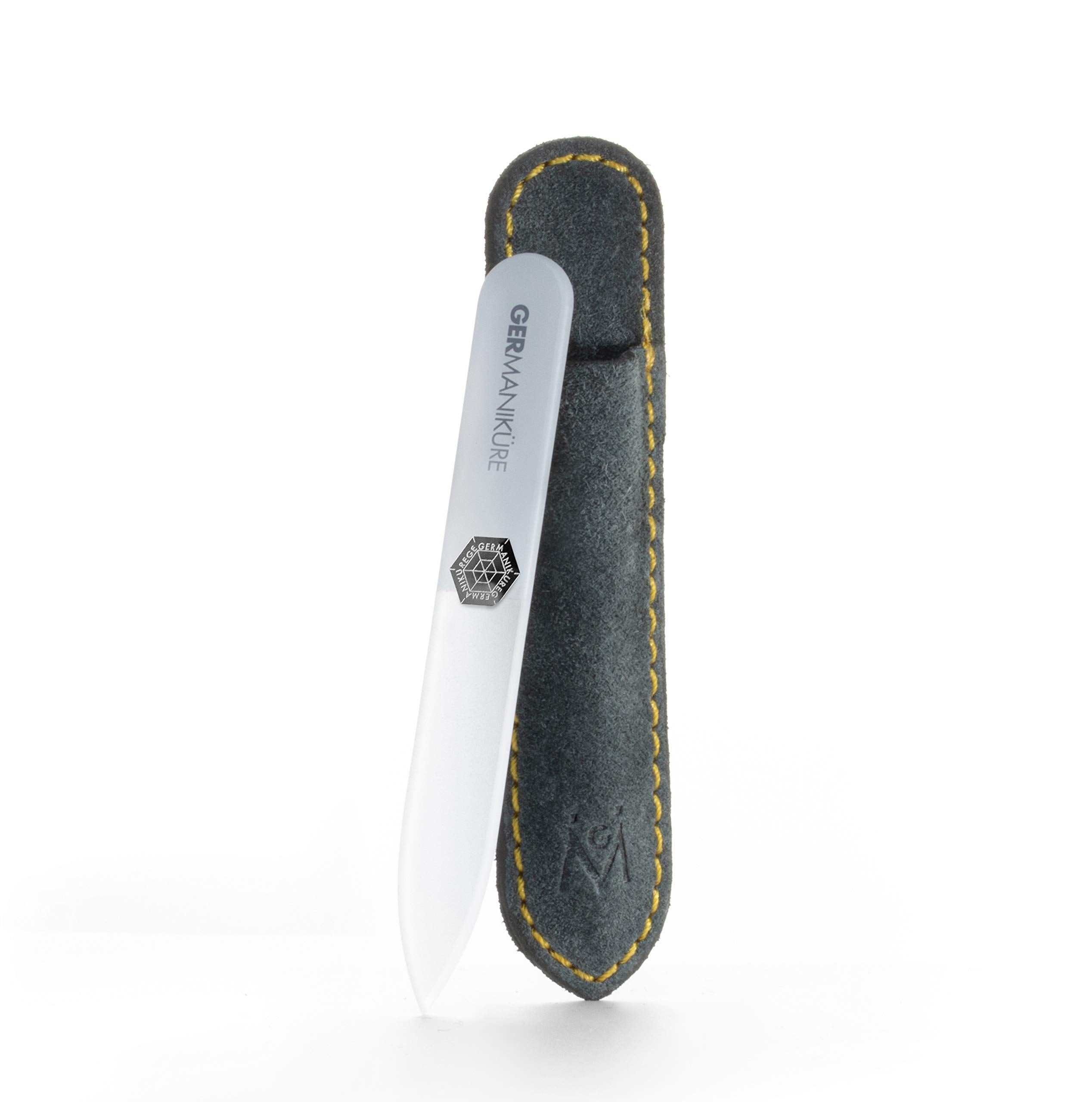 GERmanikure crystal gray glass nail file in suede case for precise shaping of natural nails.