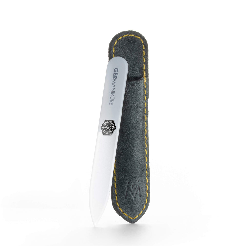 GERmanikure crystal gray glass nail file in suede case for precise shaping of natural nails.