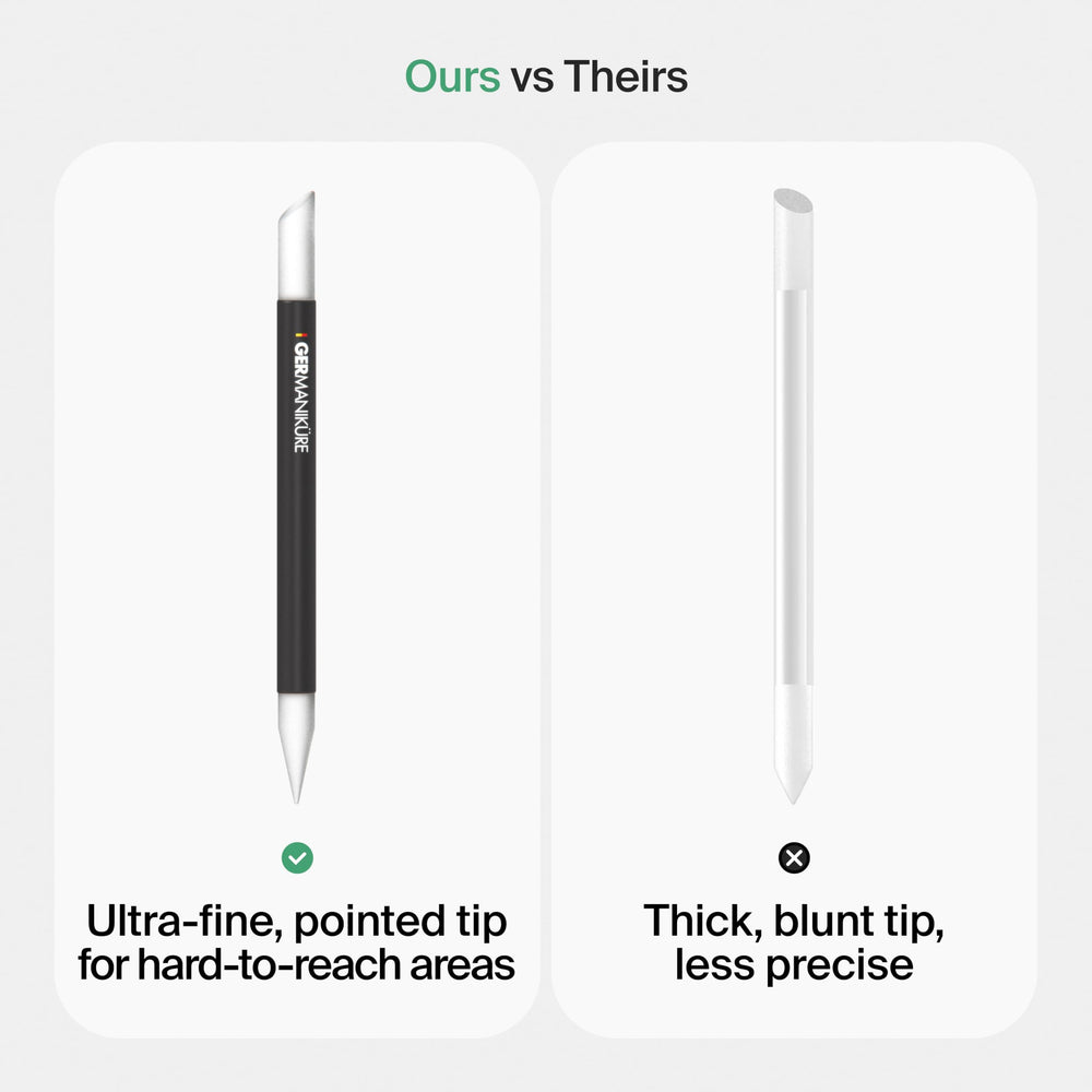 GERMANIKURE clear glass tool used to push and remove cuticles at nail edge.