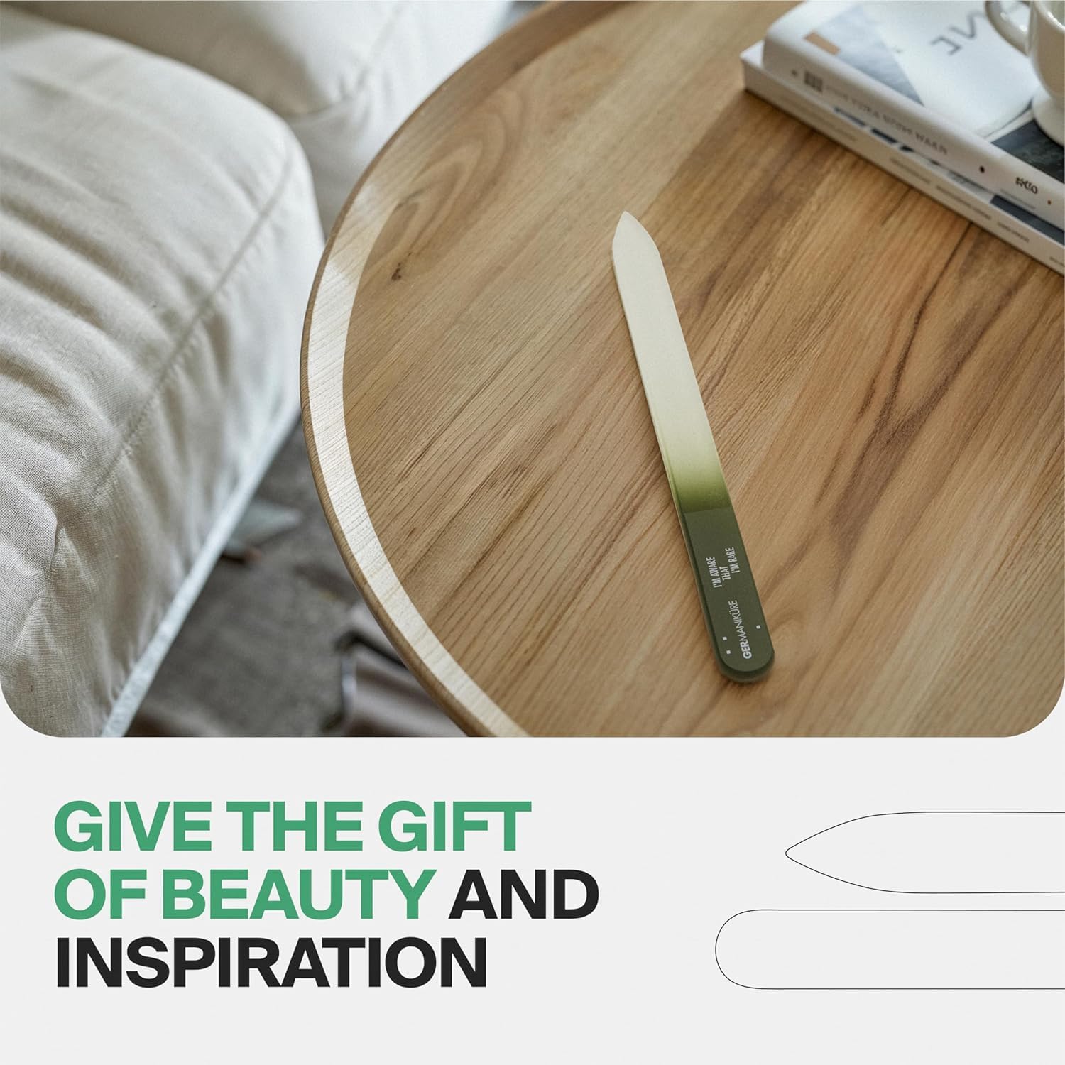 GERMANIKURE gift-ready glass file presented in suede sleeve for gifting.