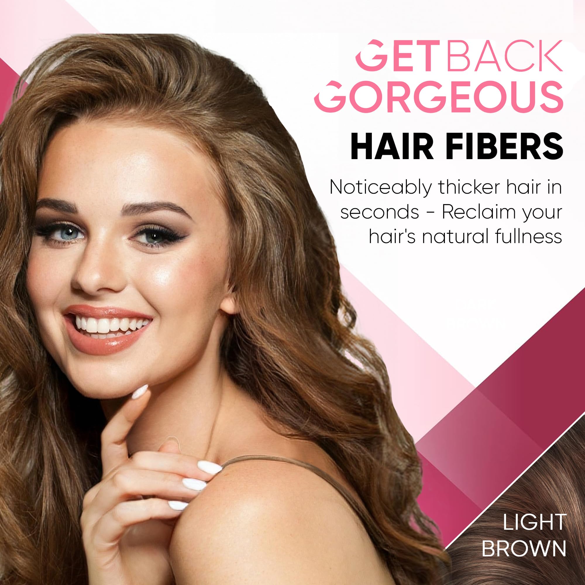 Get Back Gorgeous GBG Hair Fibers dispensing action shown on thinning areas for easy use.