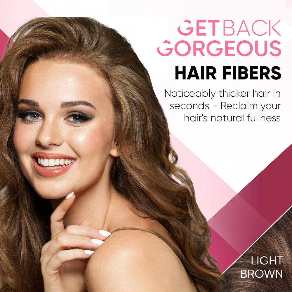 Get Back Gorgeous GBG Hair Fibers dispensing action shown on thinning areas for easy use.