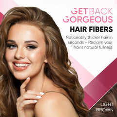 Get Back Gorgeous GBG Hair Fibers dispensing action shown on thinning areas for easy use.