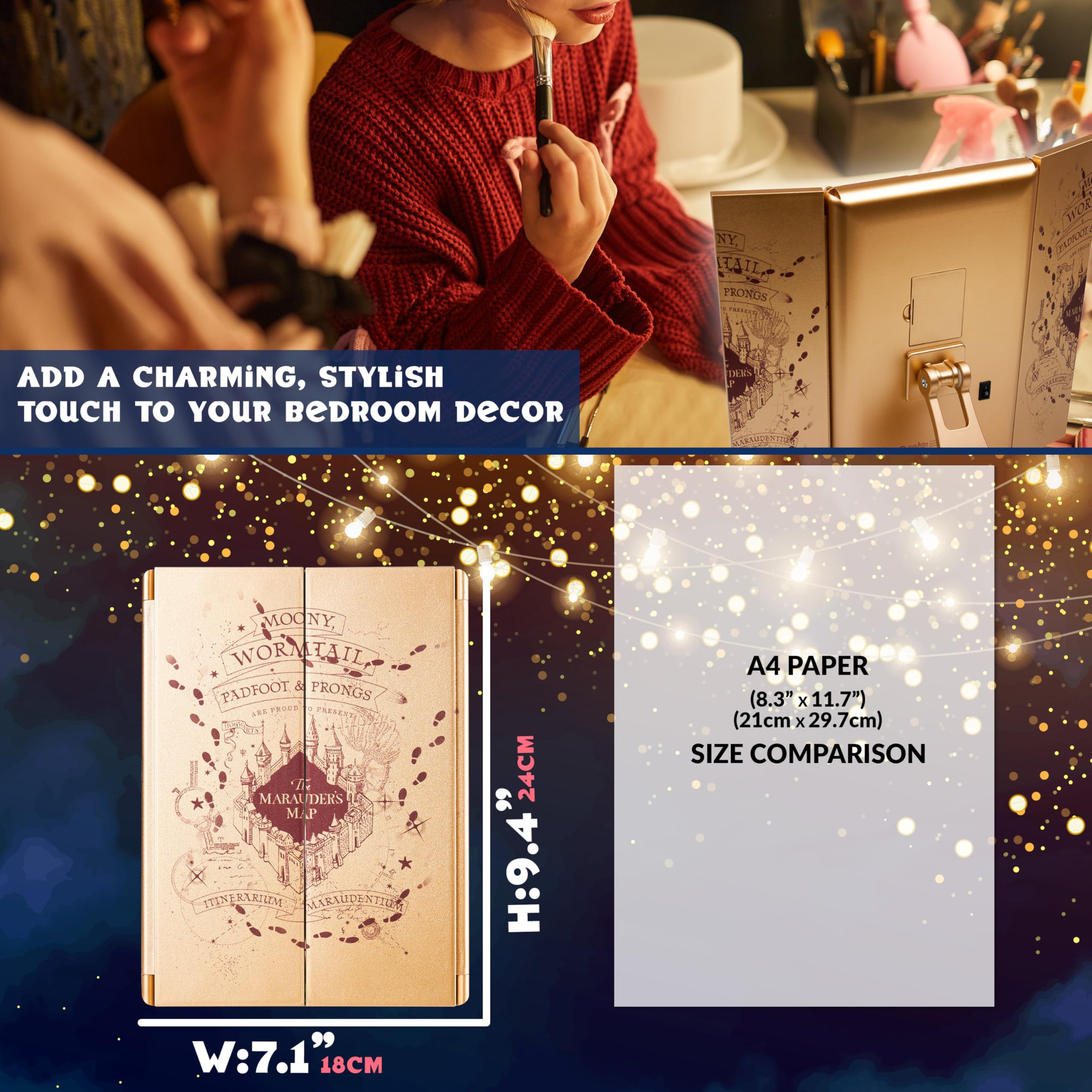 Get Trend Harry Potter LED Vanity Mirror folded-tri-panel in cordless mode.