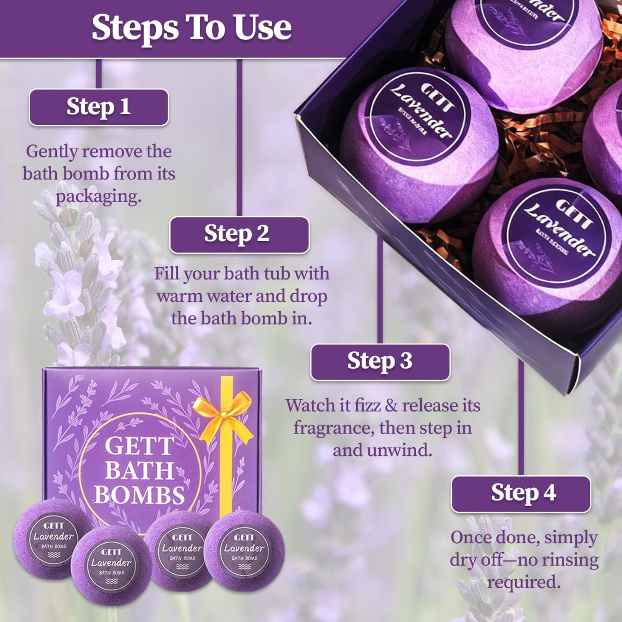 GETT individually wrapped bath bombs emphasize freshness and mess-free use.