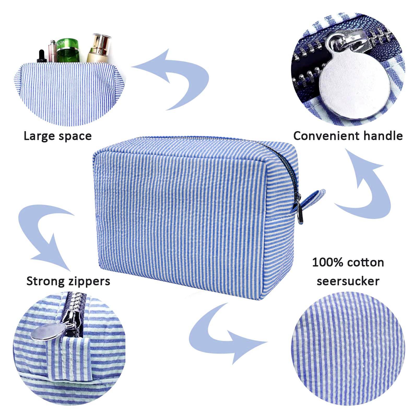 GFU makeup bag blue side view shows lightweight, portable travel companion.