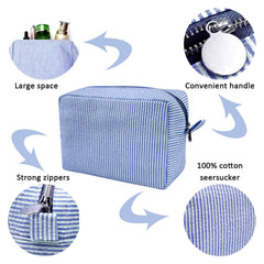 GFU makeup bag blue side view shows lightweight, portable travel companion.