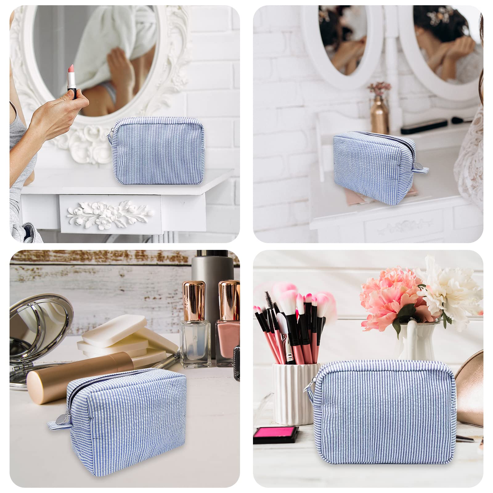 GFU makeup bag on dresser display showcases stylish seersucker aesthetic.