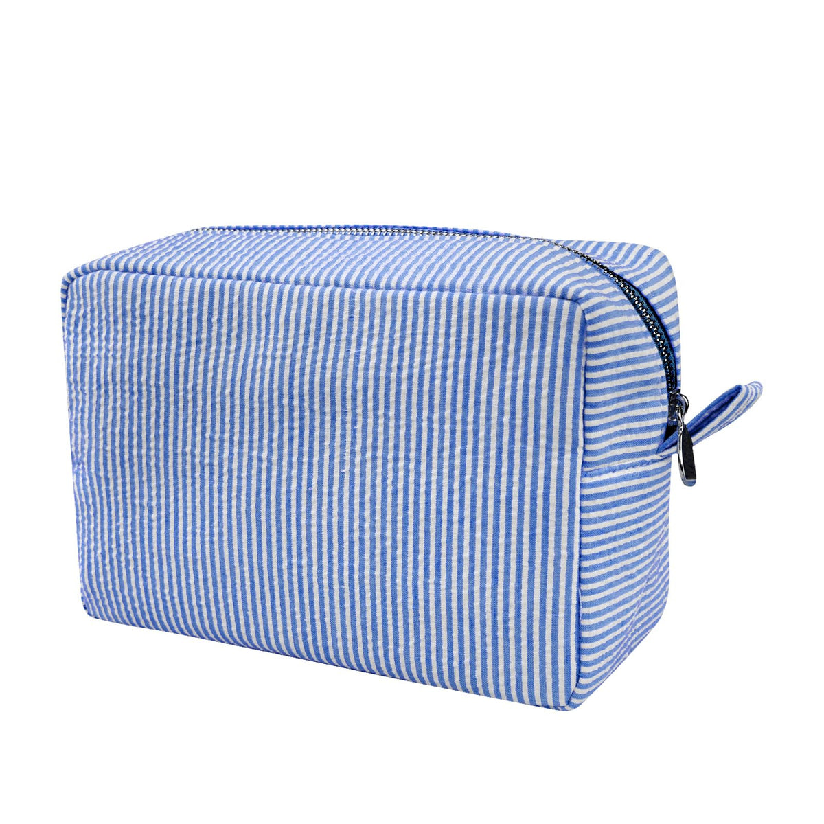 GFU makeup bag seersucker close-up highlights soft-touch fabric and easy-clean surface.