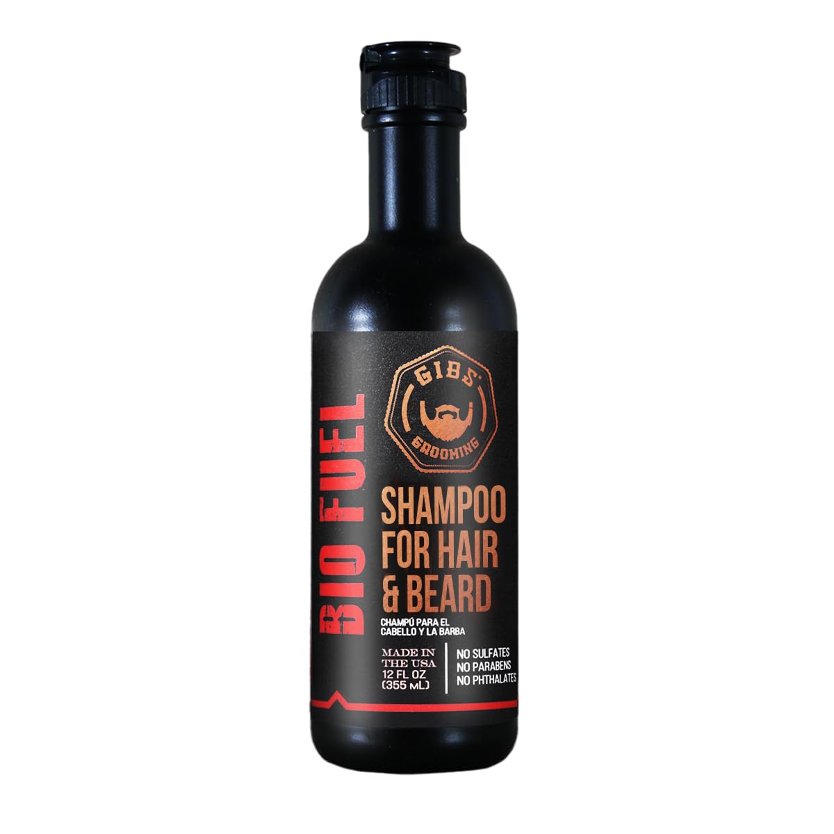 GIBS Bio Fuel Shampoo bottle-front demonstrates gentle cleansing for hair and beard.
