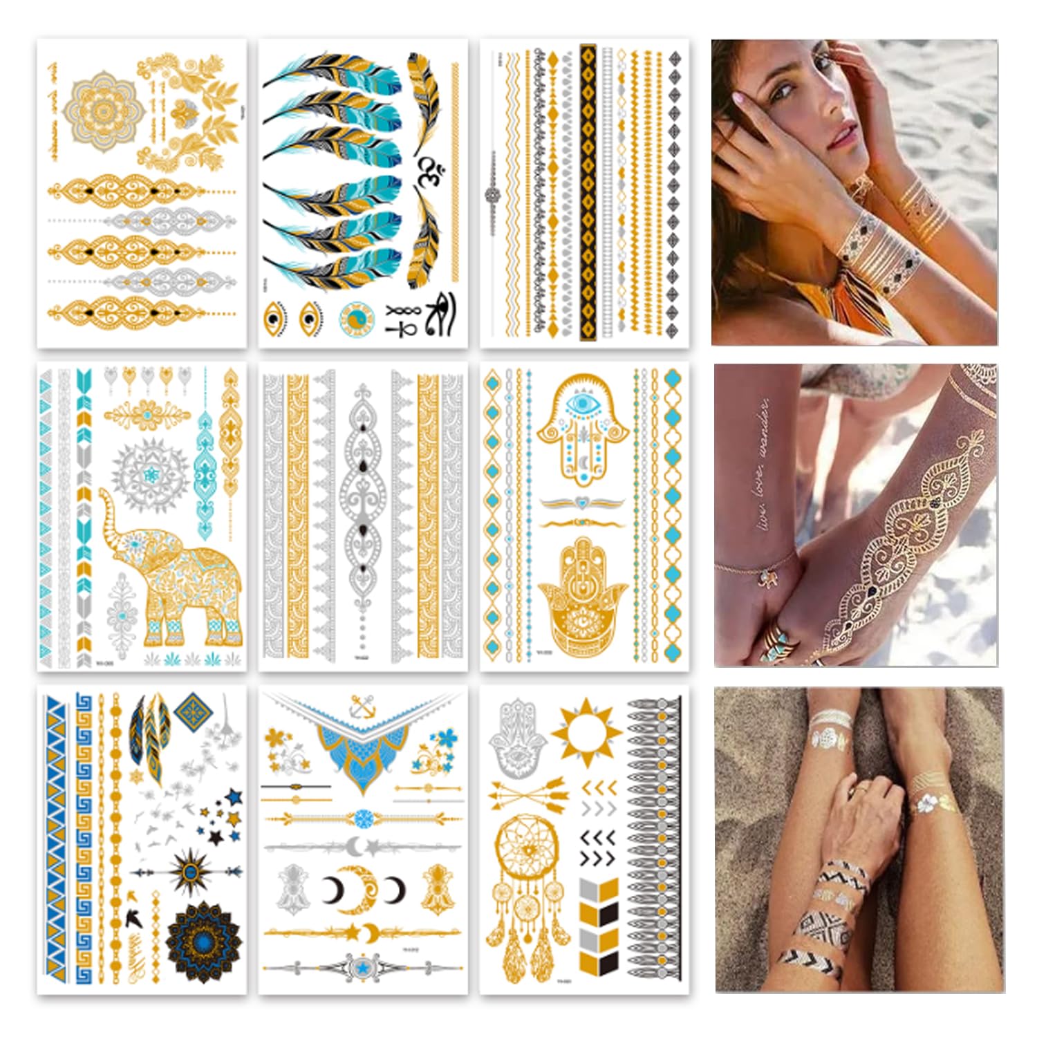 GICUNK 9 sheets metallic tattoos dream catcher design for festival glow