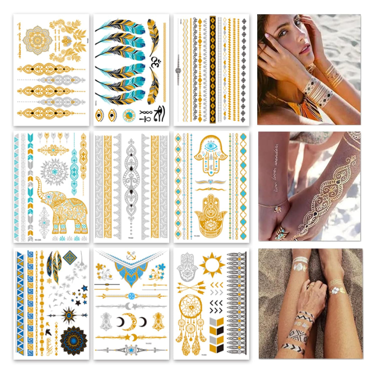GICUNK 9 sheets metallic tattoos dream catcher design for festival glow