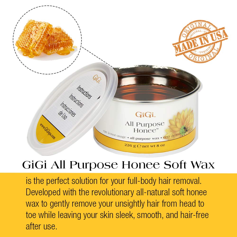 GiGi All Purpose Honee Wax with waxing strips on display.