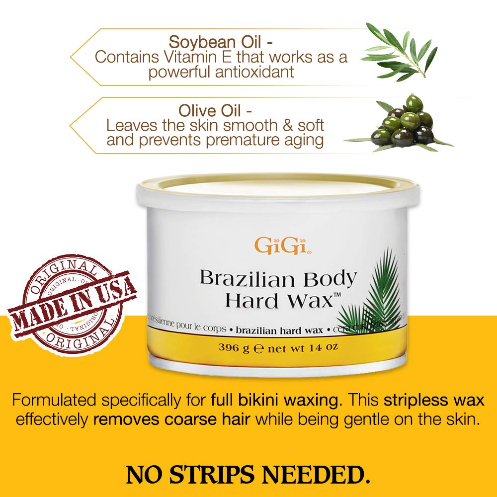 GIGI Brazilian hard wax no-strip formula for quick bikini-area waxing.