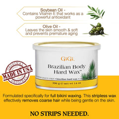 GIGI Brazilian hard wax no-strip formula for quick bikini-area waxing.
