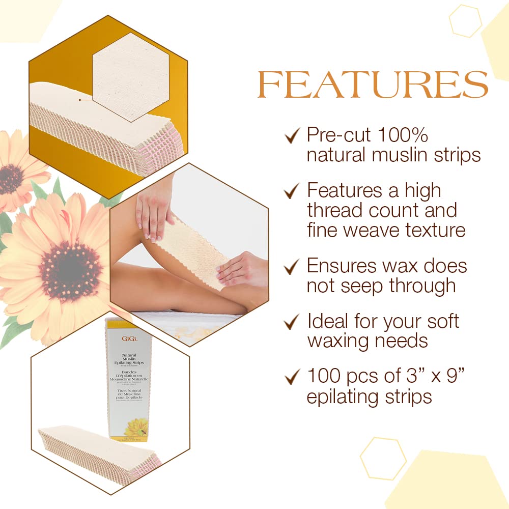 GiGi natural muslin strips large 3x9 on legs for smooth, controlled waxing.