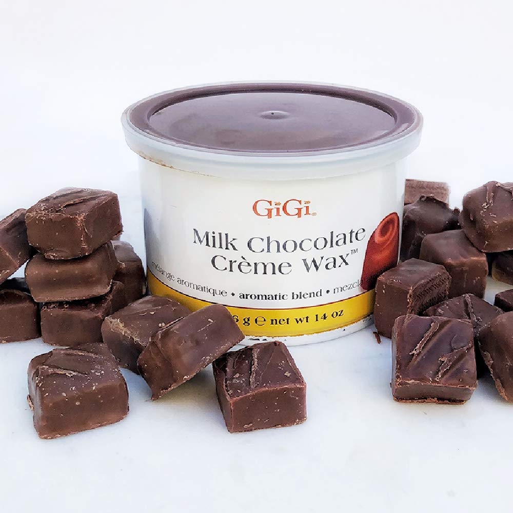 GiGi Milk Chocolate Wax packaging highlights 14-ounce jar and clean storage.