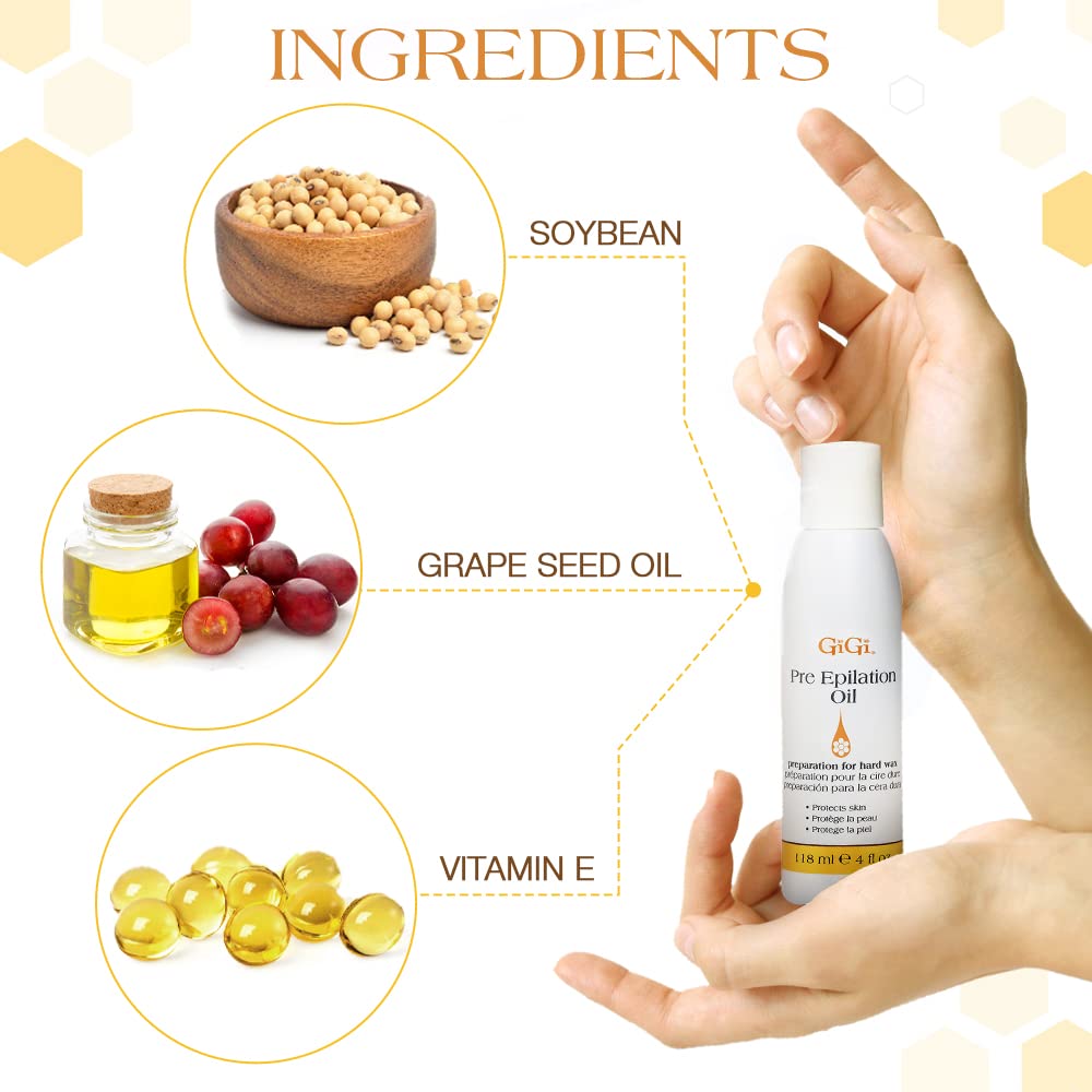 GIGI pre-wax epilation oil 4oz packaging and label details