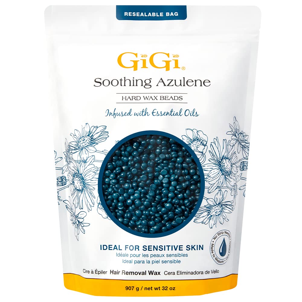 GiGi soothing azulene hard wax beads in a jar; gentle on sensitive skin.