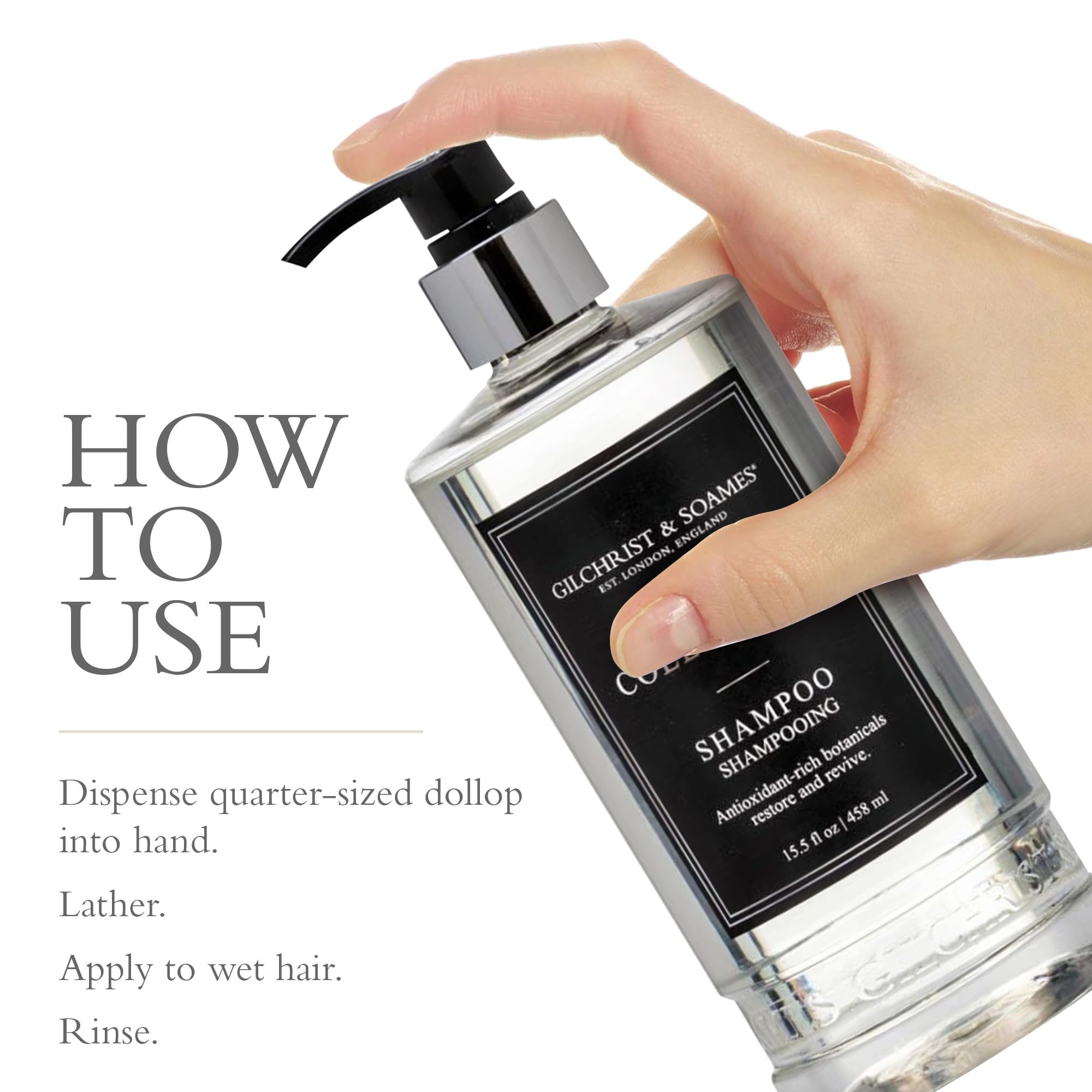Gilchrist & Soames label close-up highlighting paraben and sulfate free formula.