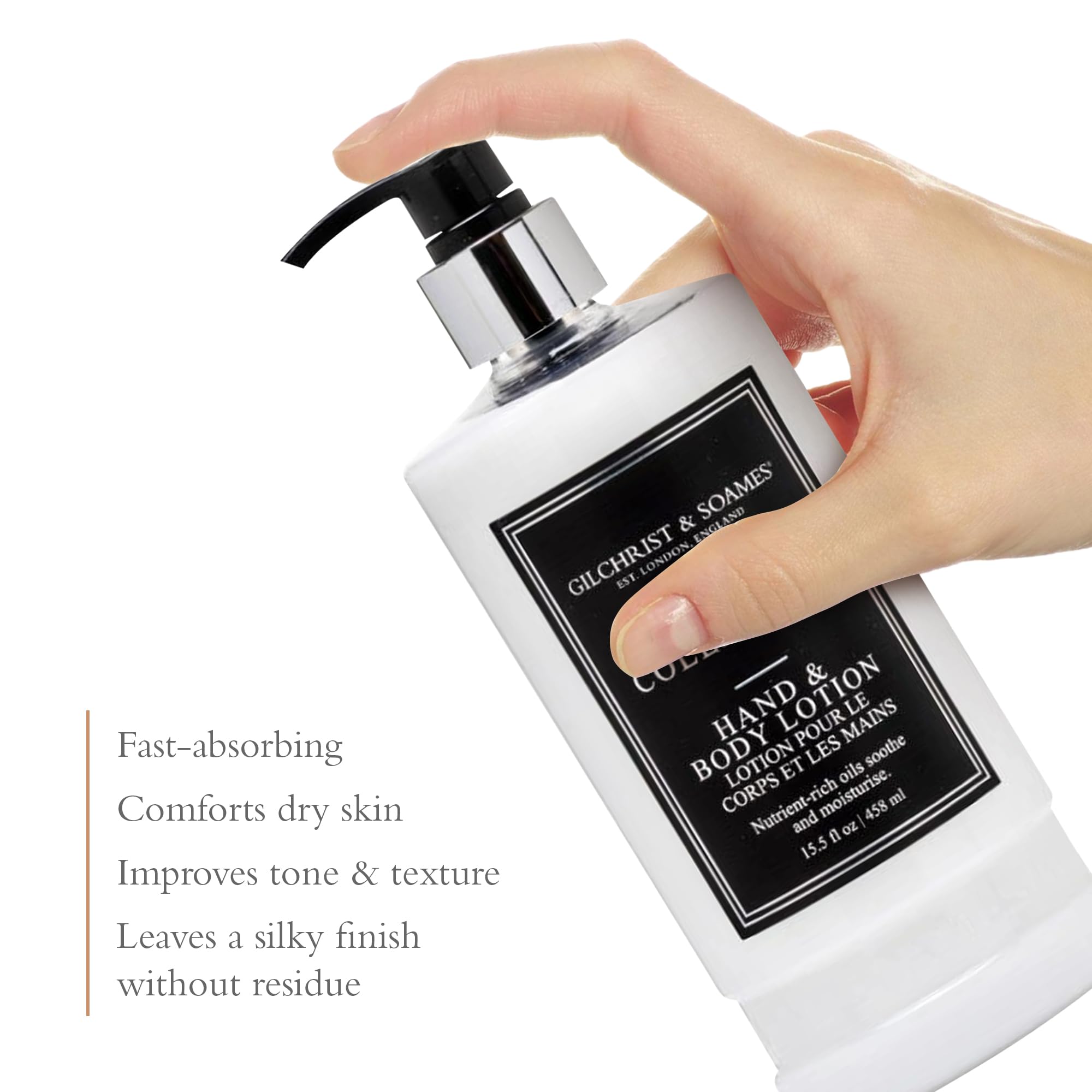 Gilchrist & Soames London pump bottle front for daily use.