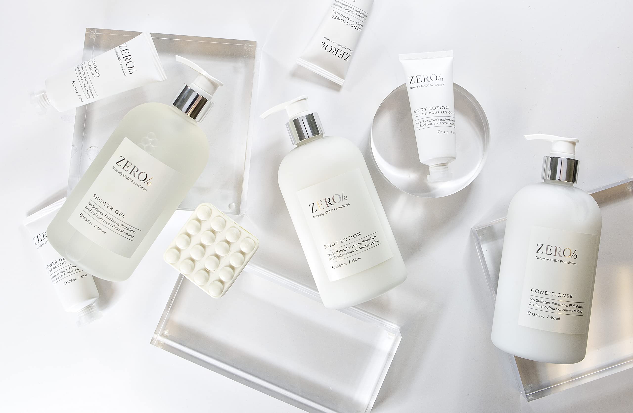 Gilchrist & Soames Zero% Collection Shampoo side-view in travel bag hints at portable care.