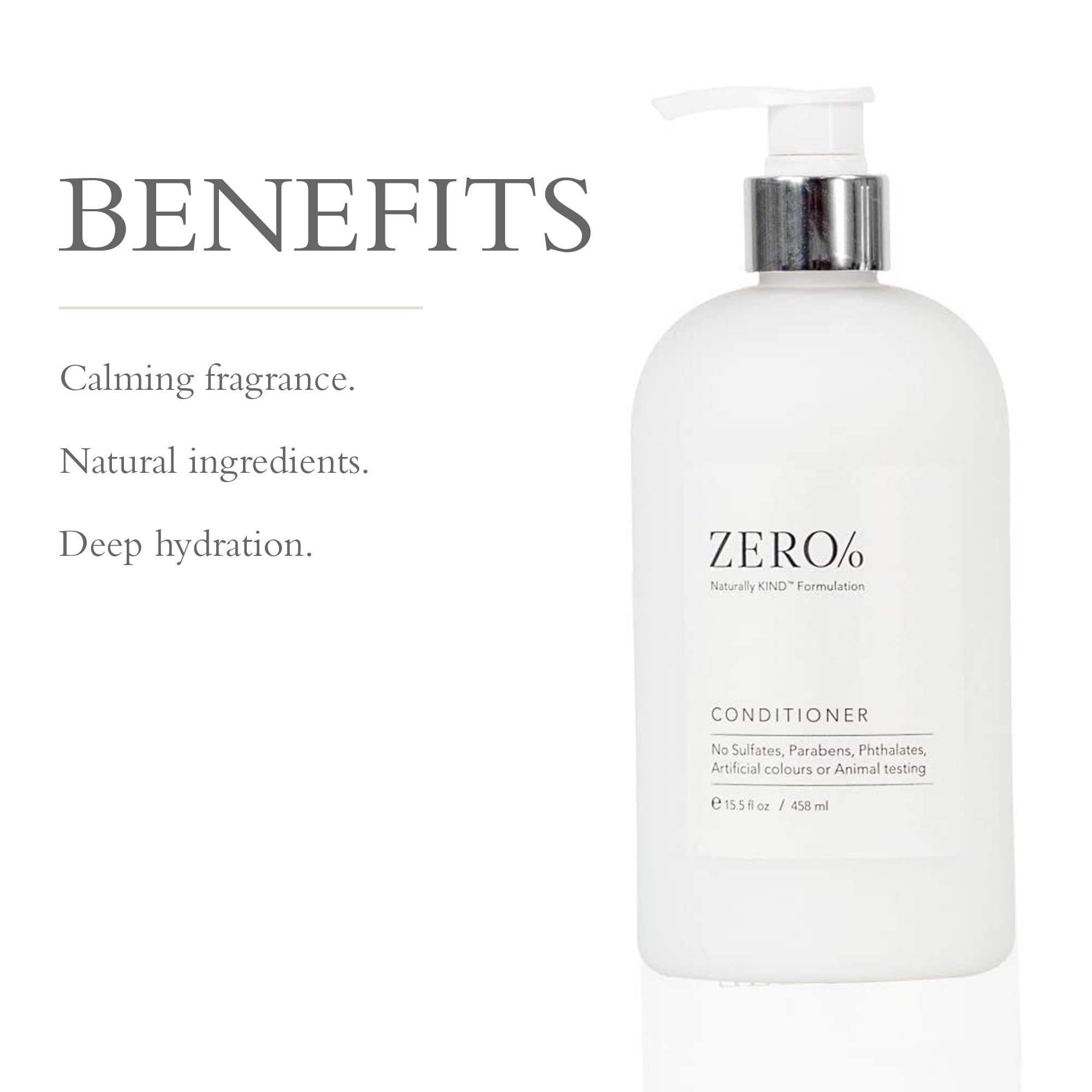Gilchrist & Soames Zero% conditioner bottle back highlights sulfate- and paraben-free formula.