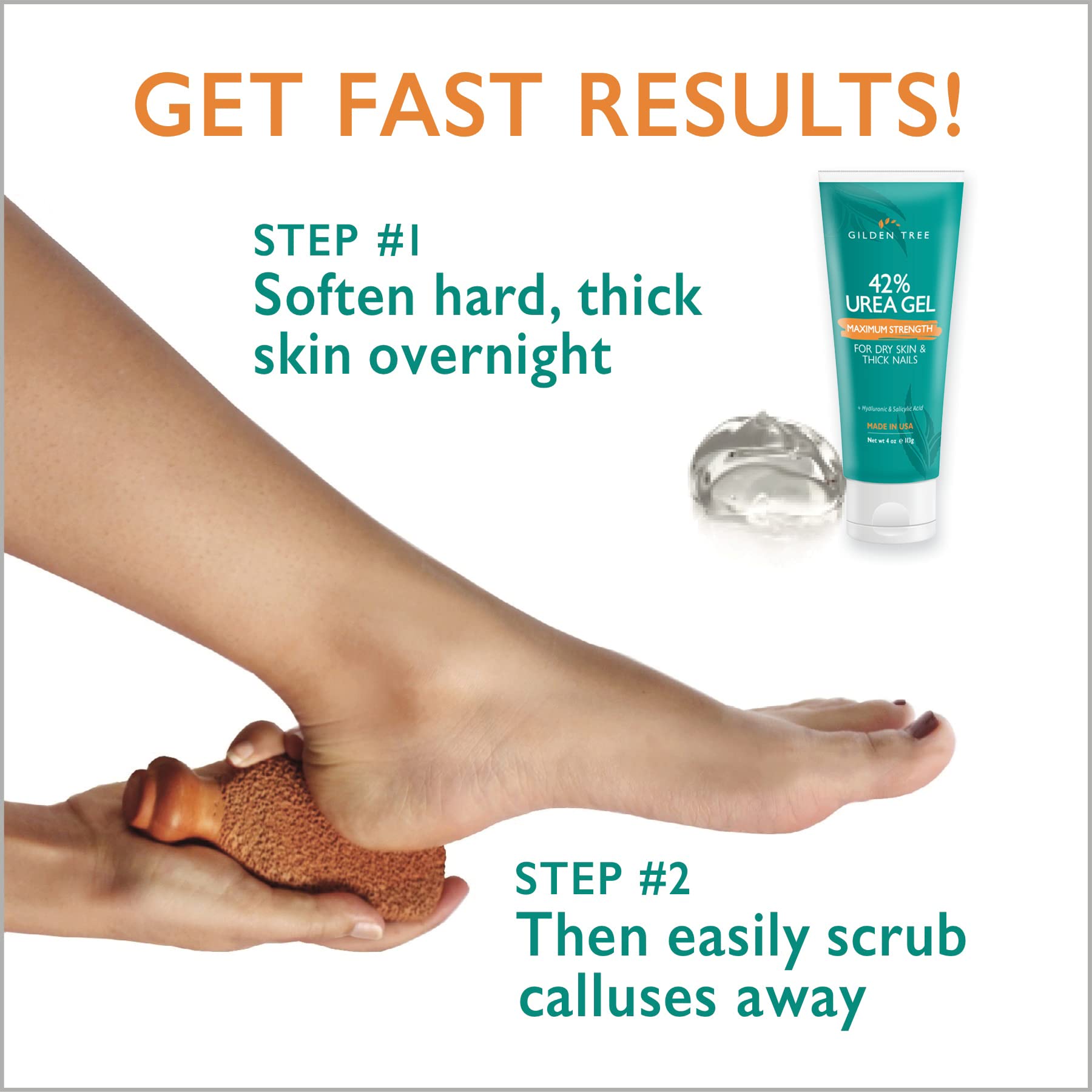 GILDEN TREE callus remover gel application demonstrates painless, precise treatment for dry, rough heels.