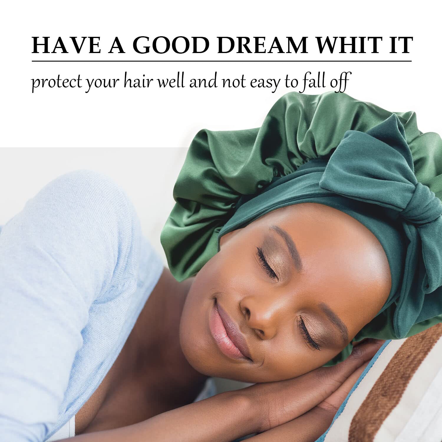 GiLi satin bonnet hunter green close-up guarding curls during sleep