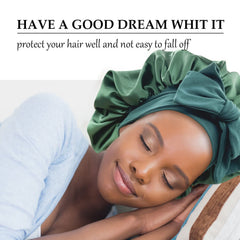 GiLi satin bonnet hunter green close-up guarding curls during sleep