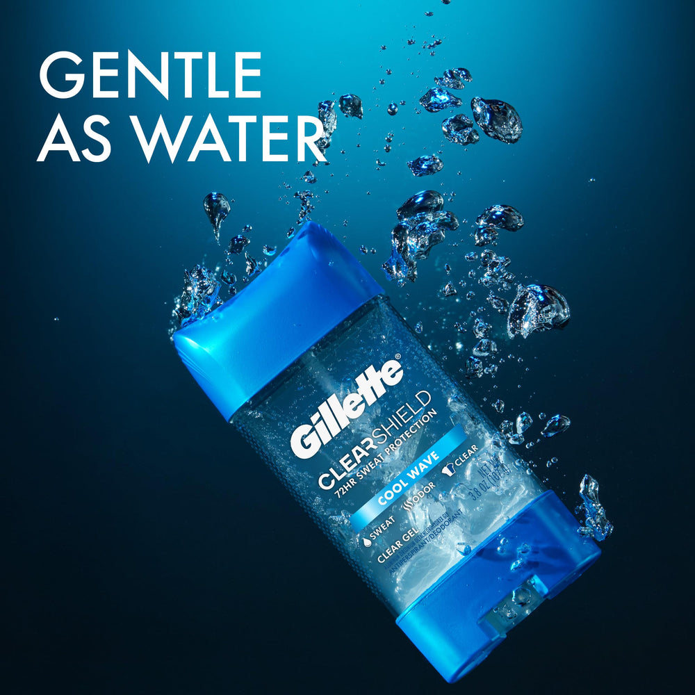 Gillette Advanced Clear Gel Cool Wave bottle in use for smooth glide and freshness
