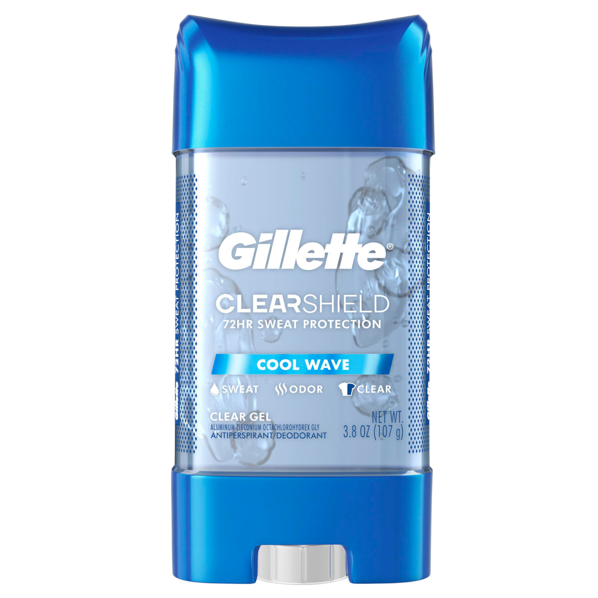 Gillette Advanced Clear Gel Cool Wave pack front view showing long lasting freshness