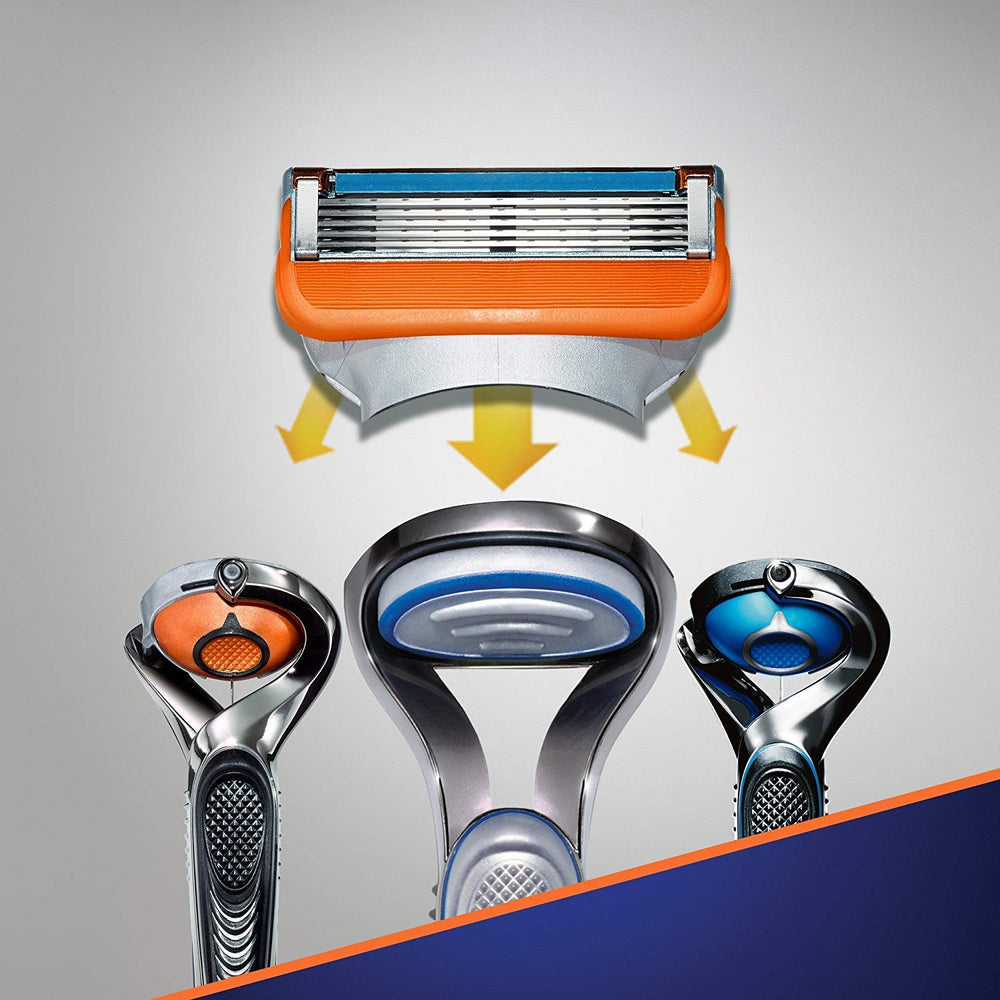 Gillette Fusion 5 Power cartridges with Flexible Comfort Guard and microfins for contour-following precision.