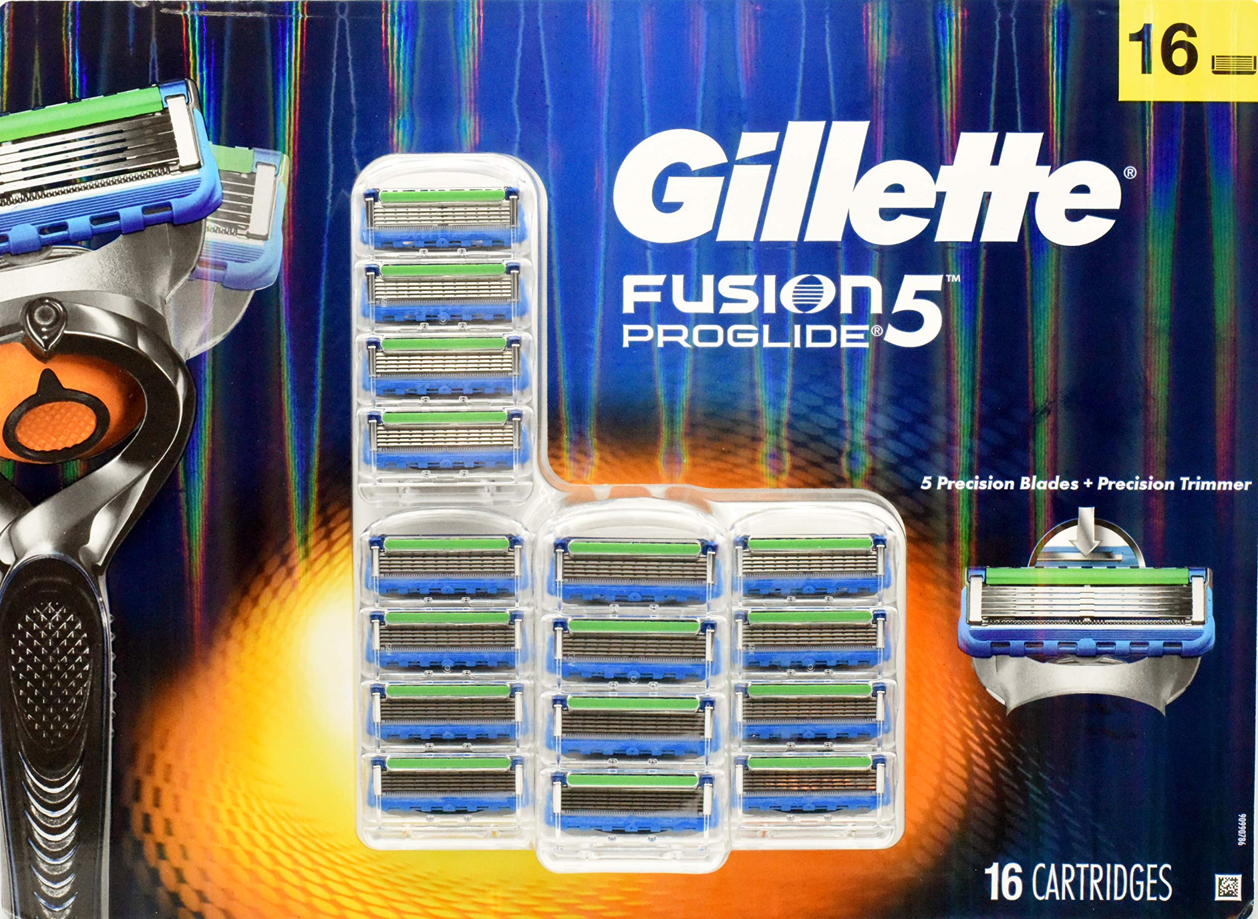 Gillette Fusion5 ProGlide refills 16-pack closeup highlights five blades for smoother shaves.