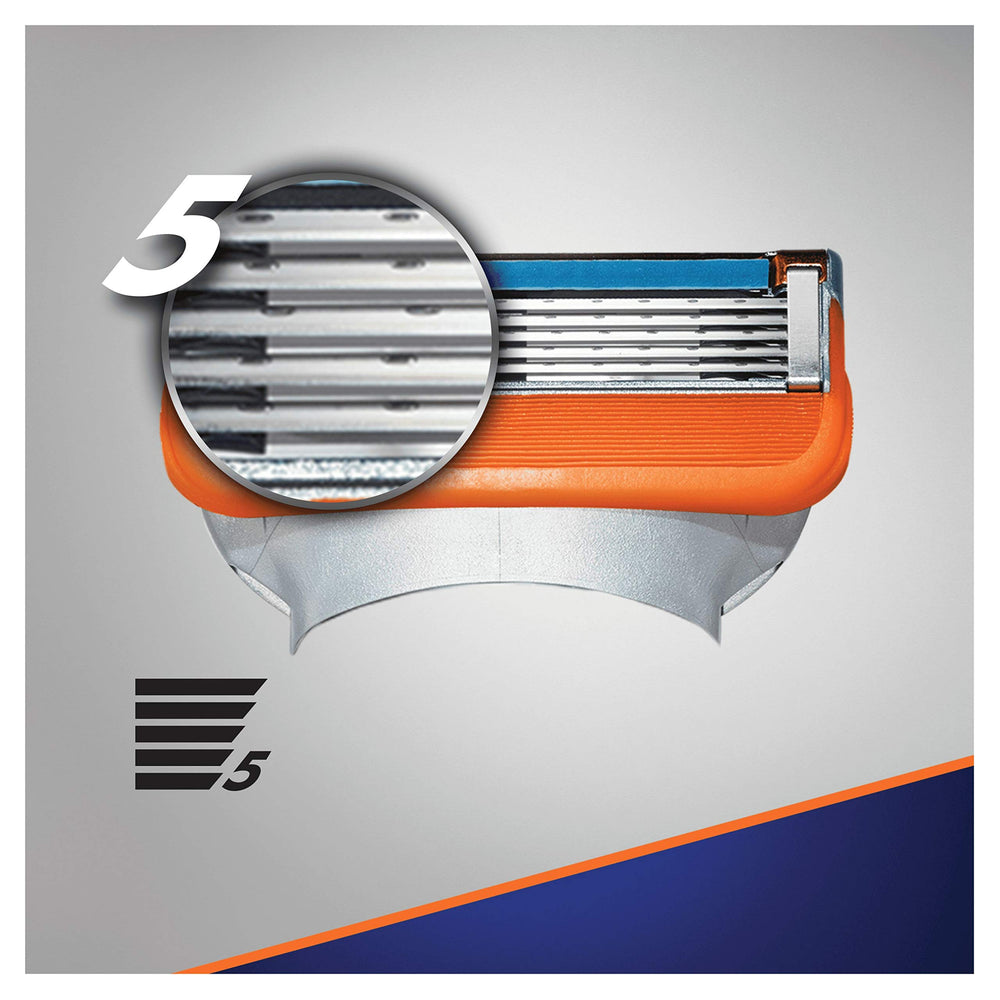 Gillette Fusion5 refill blades close-up, highlighting enduring sharpness for precise shaves.