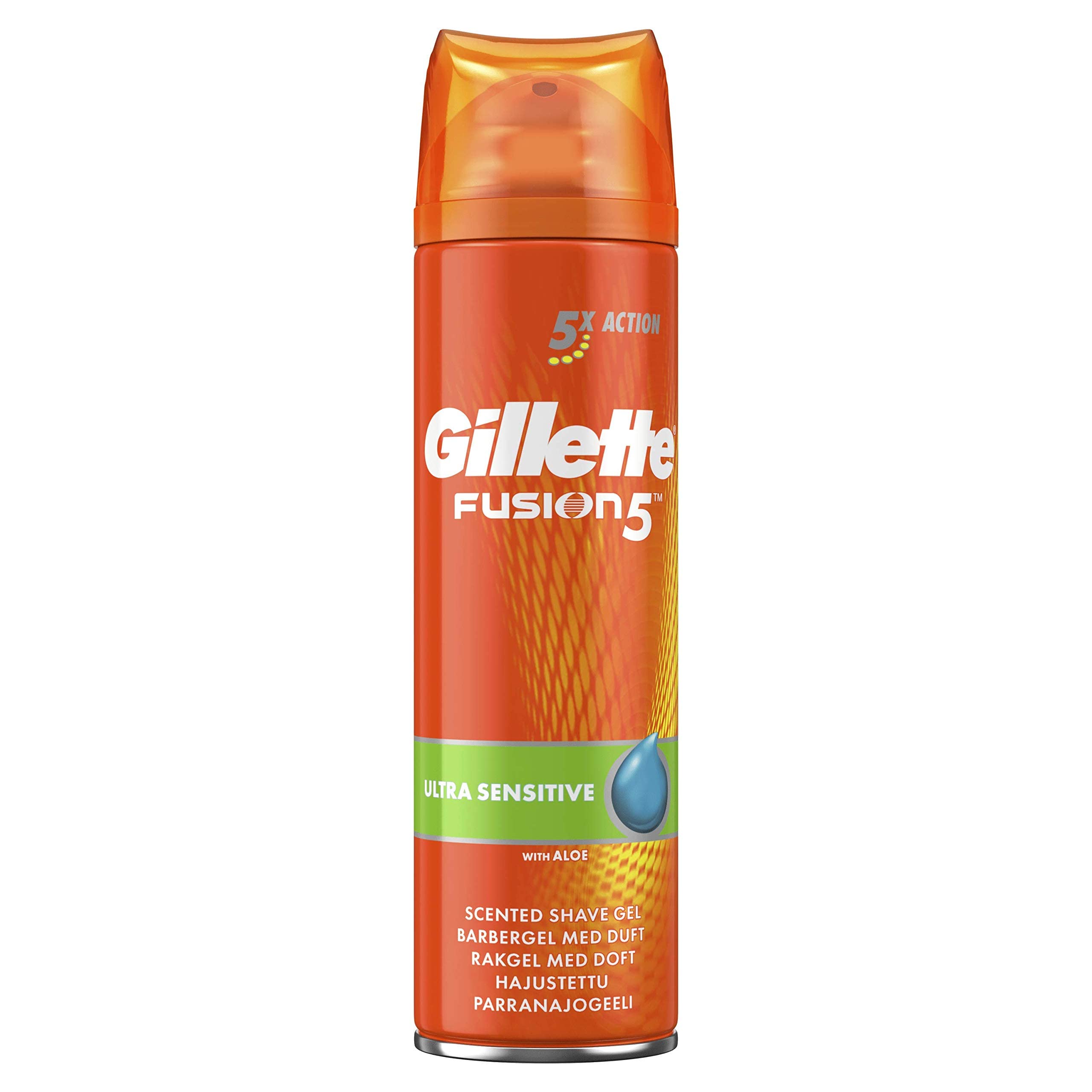 Gillette Fusion5 Ultra Sensitive Gel packaging 200 ml stands ready for daily grooming.