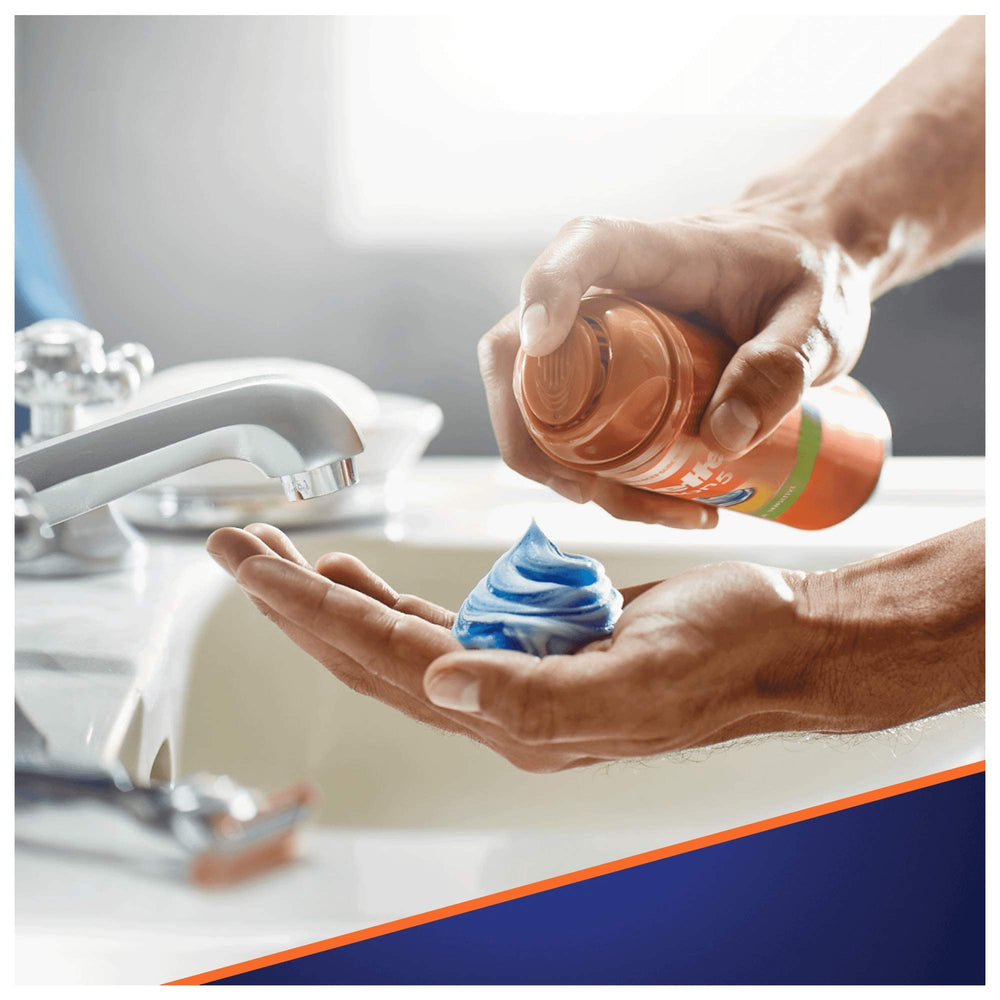 Gillette Fusion5 Ultra Sensitive Gel bottle on sink, easy morning use.