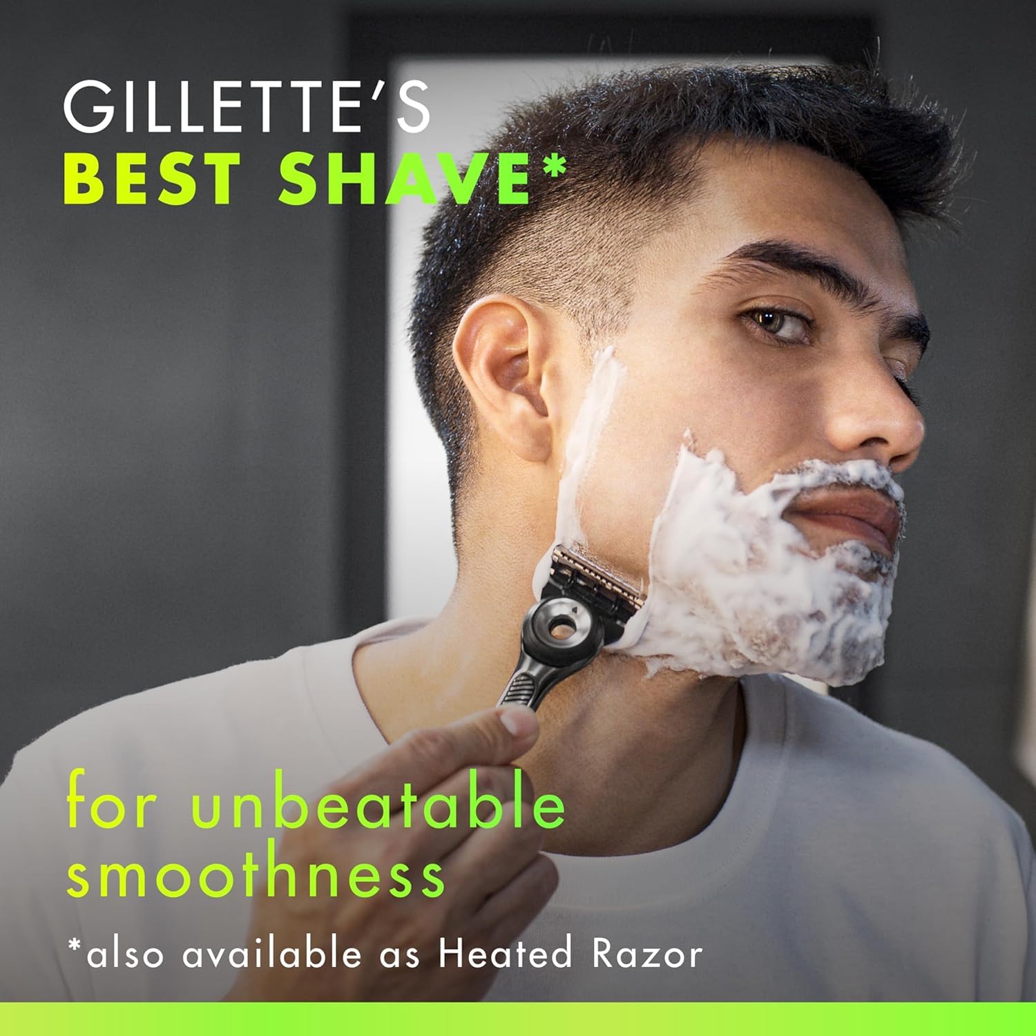 Gillette Labs heated razor refill close-up shows warming bar for a barber-like, comforting shave.