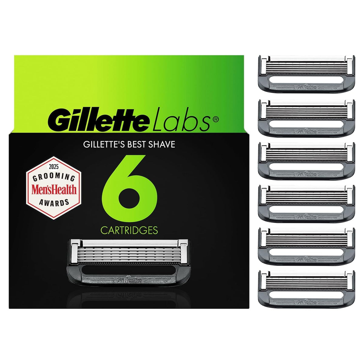 GilletteLabs 6-count blade refills close-up showing sharp blades for a close shave.